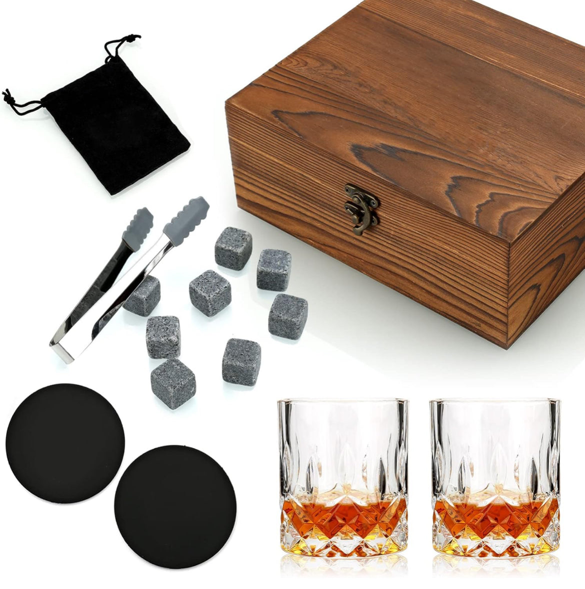 Custom Engraved Wooden Gift Boxed Scotch Glasses & Whiskey Stone Set