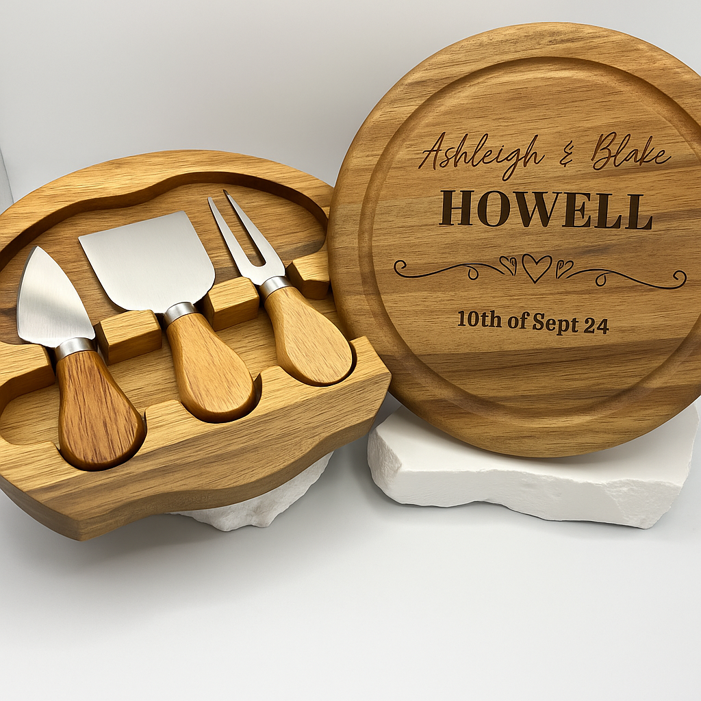 Personalised Engraved Wedding Round Cheese Set