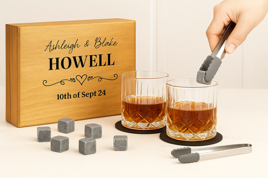 Custom Engraved Wooden Gift Boxed Scotch Glasses & Whiskey Stone Set