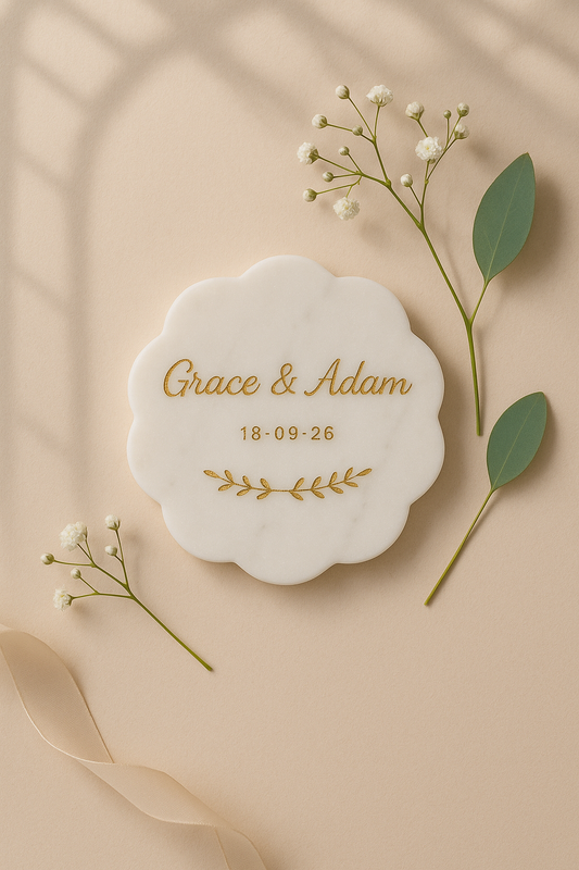 Engraved Wedding White Scallop Marble Coaster with Metallic Gold In-fill