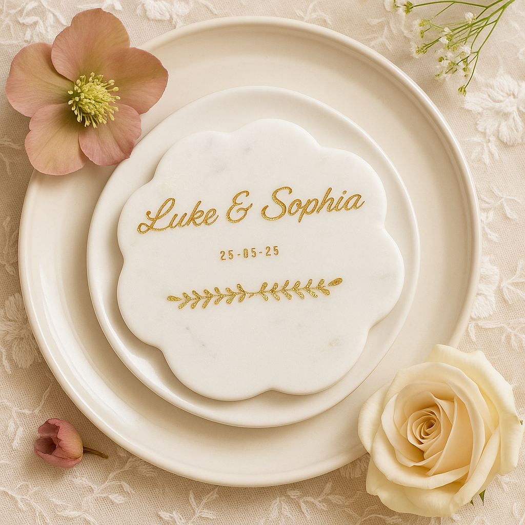 Engraved Wedding White Scallop Marble Coaster with Metallic Gold In-fill