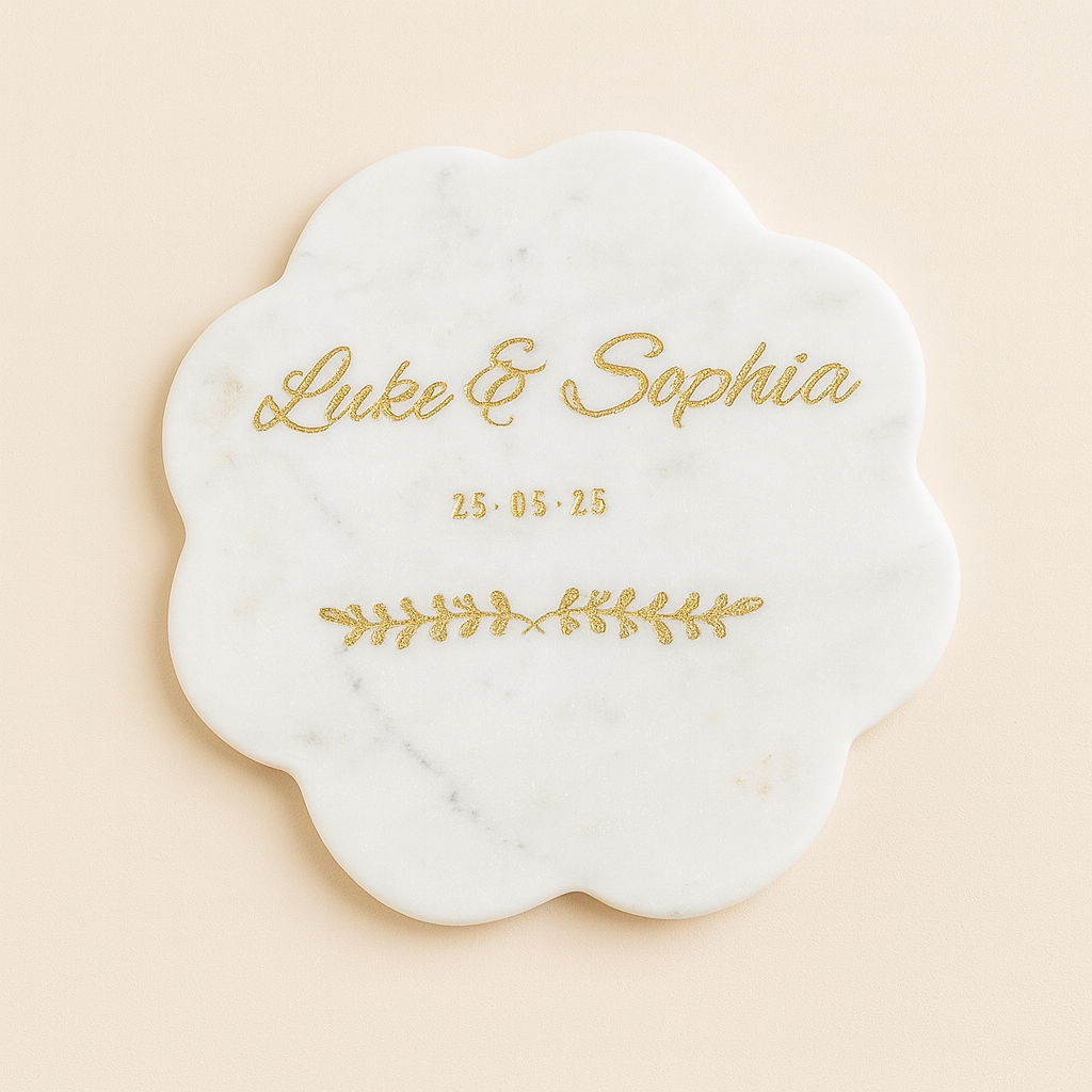 Engraved Wedding White Scallop Marble Coaster with Metallic Gold In-fill