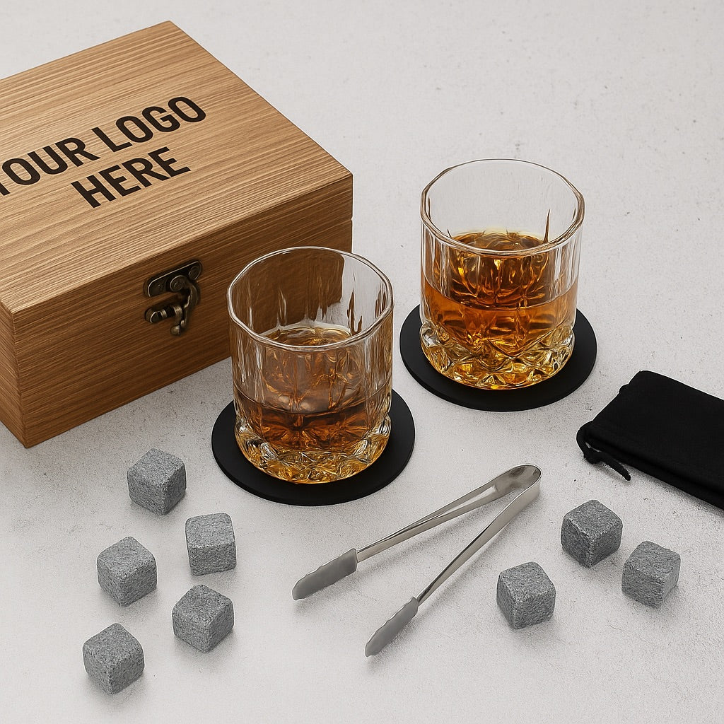 Custom Engraved Wooden Gift Boxed Scotch Glasses & Whiskey Stone Set
