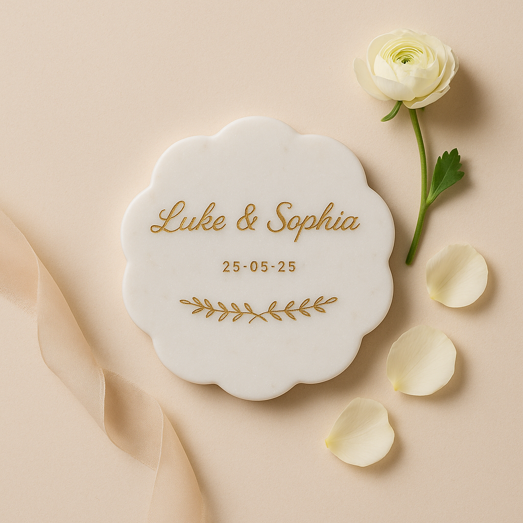 Engraved Wedding White Scallop Marble Coaster with Metallic Gold In-fill