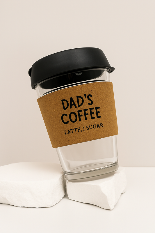 Personalised Reusable Glass Coffee Cup with Engraved Cork Band